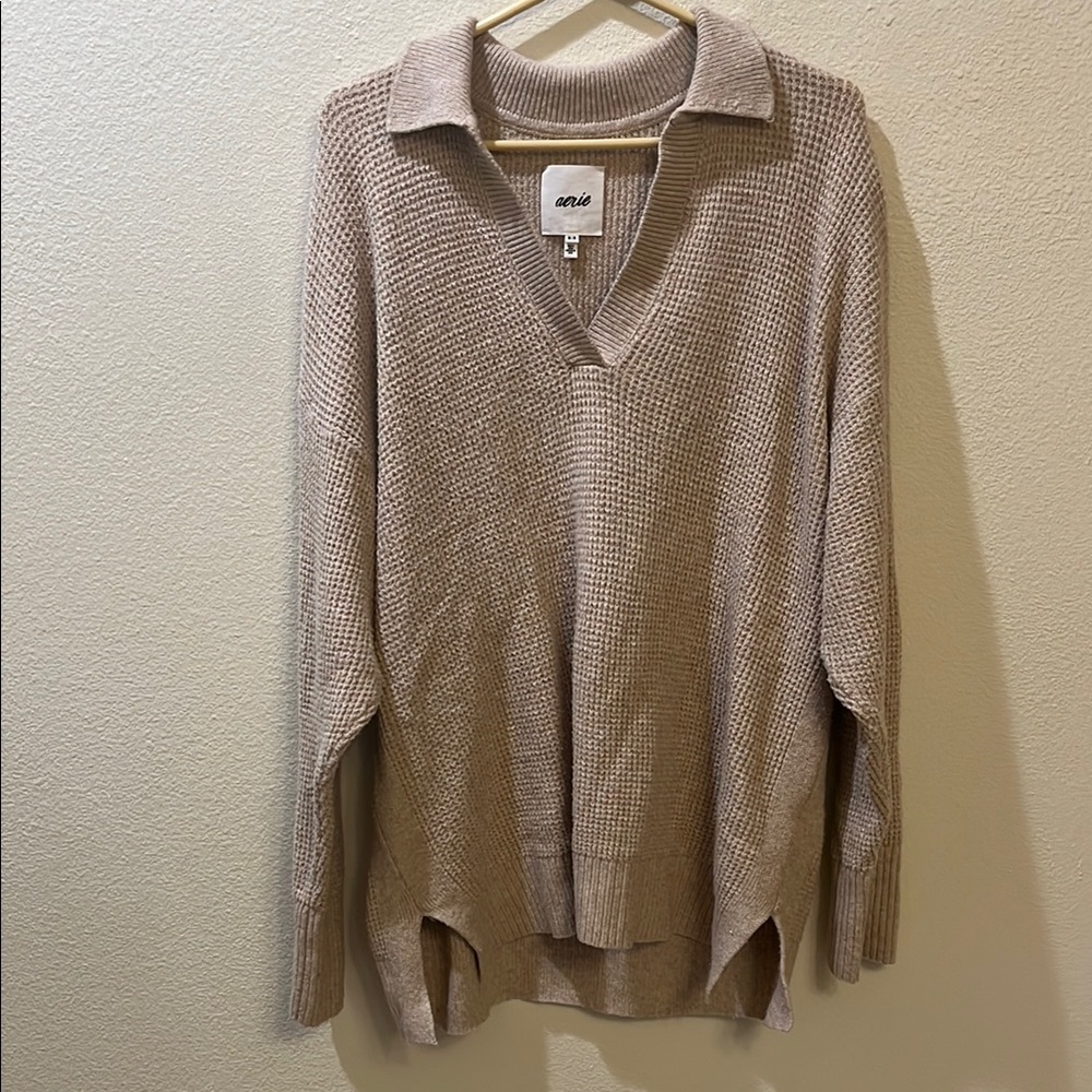 Aerie Tan V-Neck Sweater Relaxed Fit